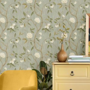Floral Aqua and Gold Peel & Stick Removable Wallpaper – Elegant Decor for Every Space
