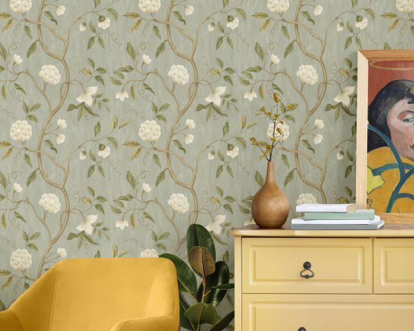 Floral Aqua and Gold Peel & Stick Removable Wallpaper – Elegant Decor for Every Space