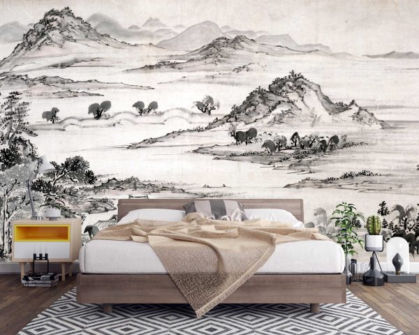 Modern Peel and Stick Wallpaper: Ike Taiga's View of West Lake | Nursery & Kids Room Decor | Japanese Art Landscape Painting | 1723-1776"