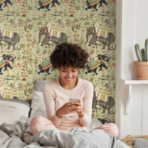 Capture the Mystique of India: HINDUSTAN Aquamarine Elephant Peel & Stick Wallpaper - Intricate Artistry on Pale Blue Background