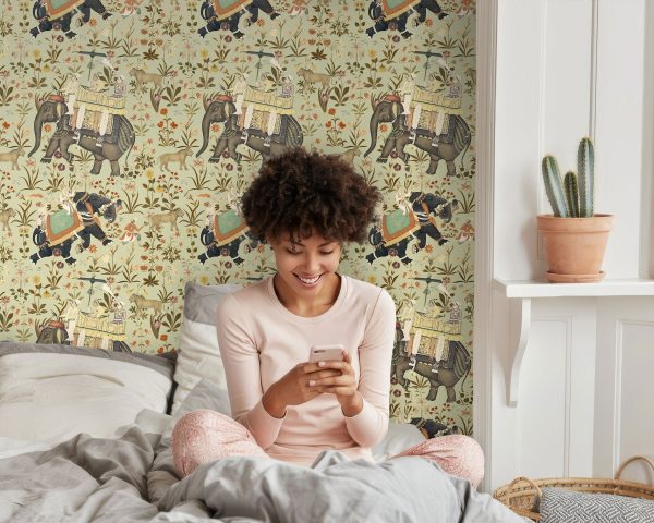 Capture the Mystique of India: HINDUSTAN Aquamarine Elephant Peel & Stick Wallpaper - Intricate Artistry on Pale Blue Background