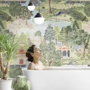 Lush Indian Garden Landscape Peel & Stick Wallpaper with vibrant Greens, Peacocks and nature. Highly Detailed Wallpaper for a vintage look