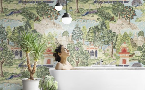 Lush Indian Garden Landscape Peel & Stick Wallpaper with vibrant Greens, Peacocks and nature. Highly Detailed Wallpaper for a vintage look