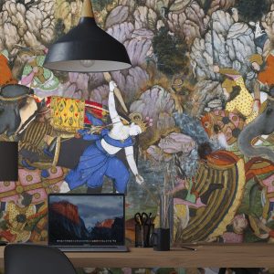 Indian Mythology Art inspired Peel & Stick Wallpaper with Lord Krishna fighting the Enemies with Elephant, Horses. Ancient Wall Mural