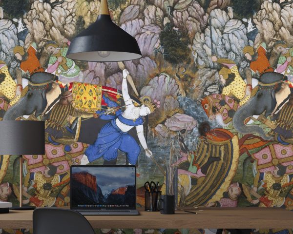 Indian Mythology Art inspired Peel & Stick Wallpaper with Lord Krishna fighting the Enemies with Elephant, Horses. Ancient Wall Mural