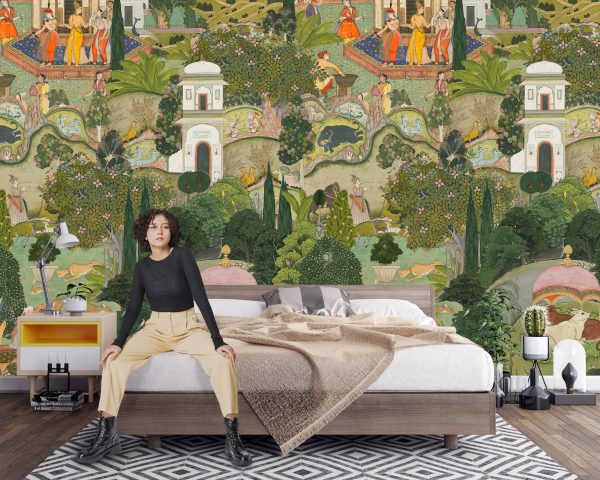 Jaipur Garden recreated with more detail on a Peel & Stick Wallpaper – Ancient Wall mural Inspired by Historic Gardens in Rajasthan