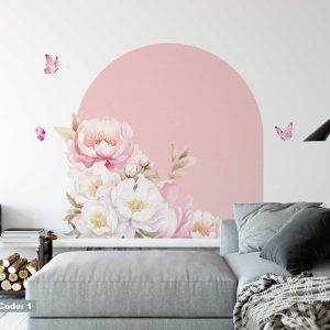 Watercolor Flowers Arch Wall Sticker - Mid Century Modern Peel and Stick Wall Art - Arch Sticker for Wall Decoration & Living Room Decor