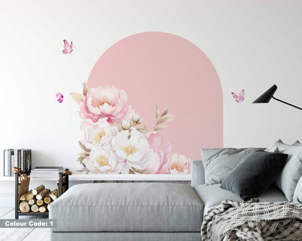 Watercolor Flowers Arch Wall Sticker - Mid Century Modern Peel and Stick Wall Art - Arch Sticker for Wall Decoration & Living Room Decor
