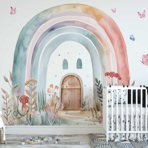 Boho Rainbow Wall Decal - Watercolor Flowers and Butterfly Wall Sticker - Cute Kids Wall Decal & Flower Stickers for Nursery Decor