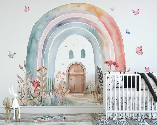 Boho Rainbow Wall Decal - Watercolor Flowers and Butterfly Wall Sticker - Cute Kids Wall Decal & Flower Stickers for Nursery Decor