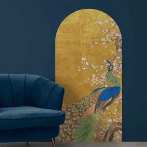 Boho Arch Wall Decor with Japanese Chinoiserie Peacock and Cherry Blossom in Gold - Elevate Your Space with Luxury Vintage Interior Decor