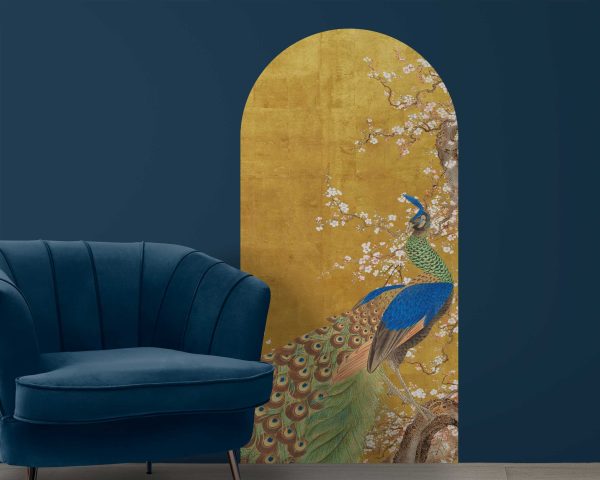 Boho Arch Wall Decor with Japanese Chinoiserie Peacock and Cherry Blossom in Gold - Elevate Your Space with Luxury Vintage Interior Decor