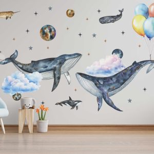 Cute Whale Wall Sticker for Kids room -  Colorful Nursery Wall Sticker Moon Decor - Ocean Animals Mural for Baby Room & Kids Playroom