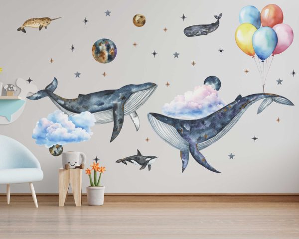 Cute Whale Wall Sticker for Kids room -  Colorful Nursery Wall Sticker Moon Decor - Ocean Animals Mural for Baby Room & Kids Playroom