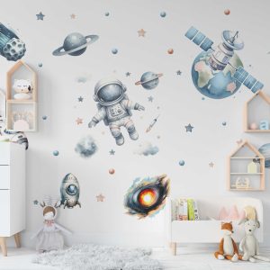 Planet Wall Decals Nursery Decor - Cute Space Characters and Alien Planets Wall Art for Kids Room and Playroom Spaces