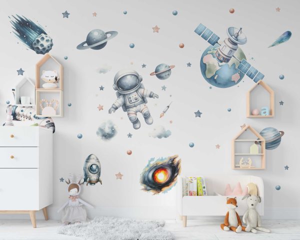 Planet Wall Decals Nursery Decor - Cute Space Characters and Alien Planets Wall Art for Kids Room and Playroom Spaces