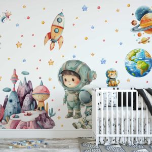 Space Wall Stickers Nursery Decor - Cute Characters and Alien Planets Wall Art for Kids Room and Baby Room Decoration