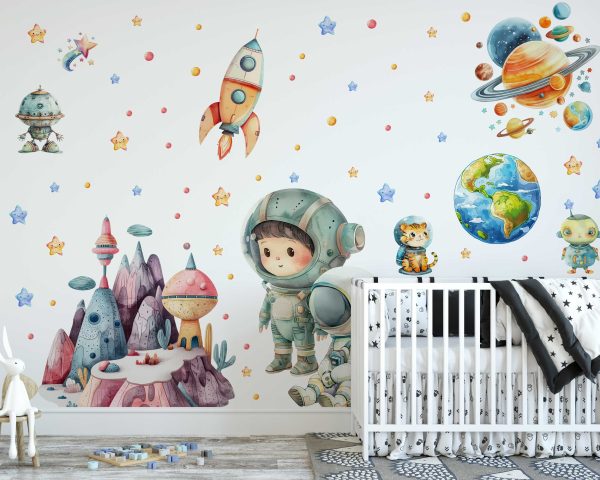 Space Wall Stickers Nursery Decor - Cute Characters and Alien Planets Wall Art for Kids Room and Baby Room Decoration