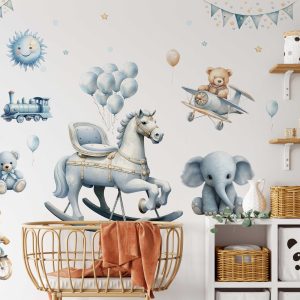 Nursery Wall Stickers - Blue Theme, Rocking Horse, Teddy Bear, Cute Elephant, Cute Animals Wall Decor