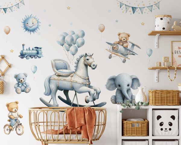 Nursery Wall Stickers - Blue Theme, Rocking Horse, Teddy Bear, Cute Elephant, Cute Animals Wall Decor