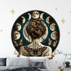 Lunar Phases Wall Stickers - Moon Goddess with Butterflies, Bedroom Decor, Removable Fabric Decals