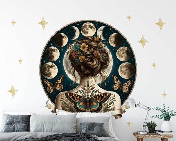 Lunar Phases Wall Stickers - Moon Goddess with Butterflies, Bedroom Decor, Removable Fabric Decals