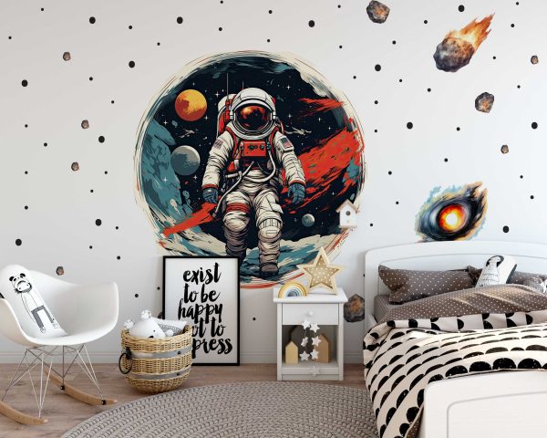 Space Wall Stickers Nursery Decor - Astronaut and Planets Fabric Wall Art for Kids Room and Baby Room Decoration