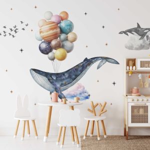 Whale Wall Decal for Kids Room Birds Wall Art - Celestial Ocean Animal Sticker for Baby Room & Playroom Decor - Home and Living Room