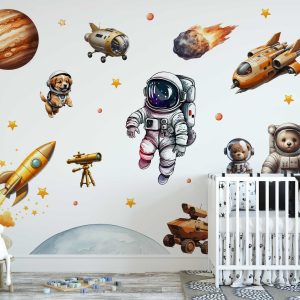 Astronaut Wall Art Space Decor - Watercolor Planets and Spaceships Wall Stickers for Nursery and Kids Room Walls