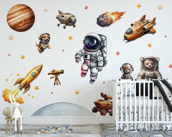 Astronaut Wall Art Space Decor - Watercolor Planets and Spaceships Wall Stickers for Nursery and Kids Room Walls