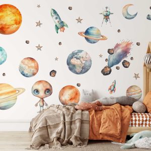 Space Wall Stickers Nursery Decor - Astronauts and Planets Fabric Wall Art for Kids Room and Baby Room Decoration