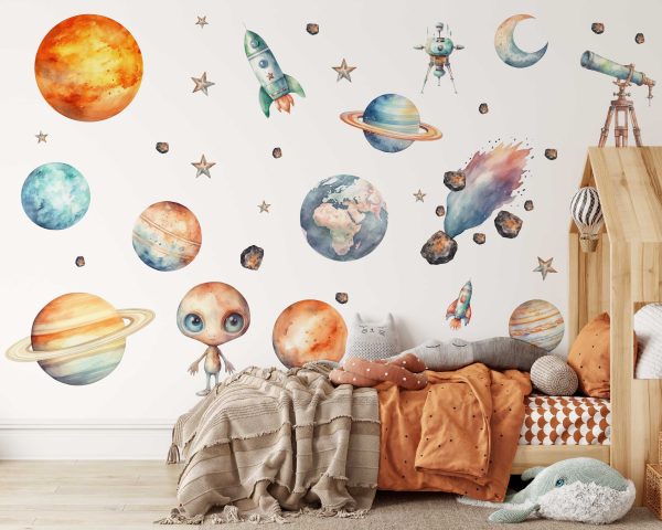 Space Wall Stickers Nursery Decor - Astronauts and Planets Fabric Wall Art for Kids Room and Baby Room Decoration