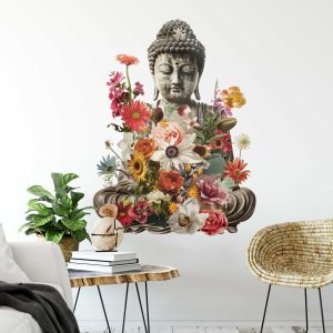 Buddha Floral Wall Sticker, Zen Meditation Art, Removable Fabric Decal, Buddha Statue with Flowers, Yoga Studio and Home Decor