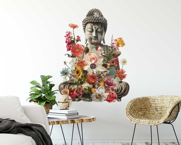 Buddha Floral Wall Sticker, Zen Meditation Art, Removable Fabric Decal, Buddha Statue with Flowers, Yoga Studio and Home Decor