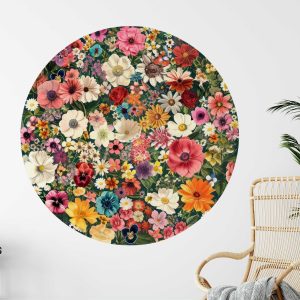 Floral Circle Wall Sticker - Watercolor Flower Wall Art for Bedroom & Living Room - Botanical Wall Decal for Home and Living Decor