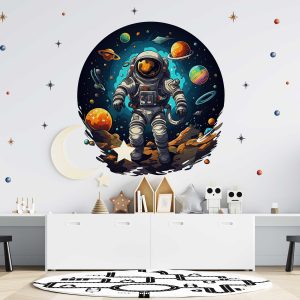 Astronaut Wall Art Nursery Decor - Cosmic Planets and Stars Fabric Wall Stickers for Kids Room and Playroom Walls