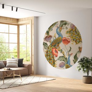 Vintage Peacock and Floral Round Wall Decal - Elegant Botanical Removable Fabric Sticker for Living Room, Bedroom, and Home Decor