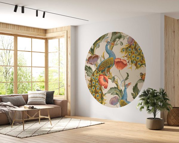 Vintage Peacock and Floral Round Wall Decal - Elegant Botanical Removable Fabric Sticker for Living Room, Bedroom, and Home Decor