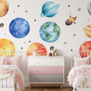 Watercolor Space Wall Stickers Nursery Decor - Astronauts, Planets and Spaceship Wall Art for Kids Room and Playroom Walls