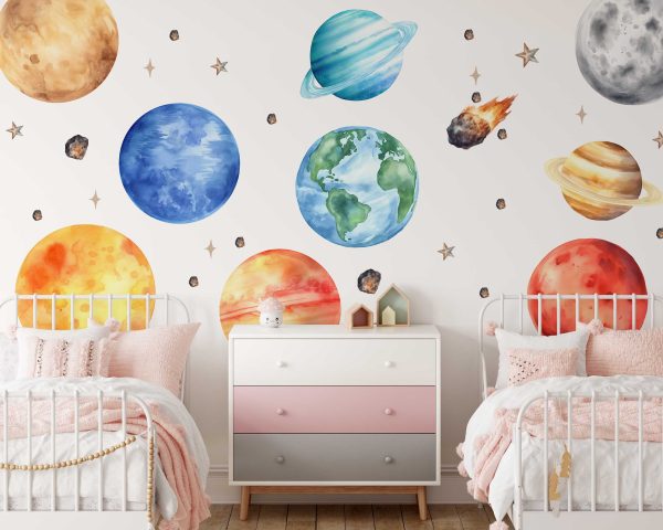 Watercolor Space Wall Stickers Nursery Decor - Astronauts, Planets and Spaceship Wall Art for Kids Room and Playroom Walls
