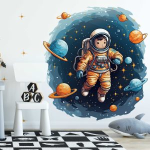 Astronaut Wall Art Kids Room - Space Wall Stickers with Planets and Stars for Nursery Wall Decor and Bedroom Accent