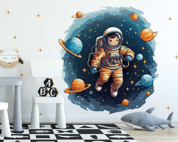 Astronaut Wall Art Kids Room - Space Wall Stickers with Planets and Stars for Nursery Wall Decor and Bedroom Accent