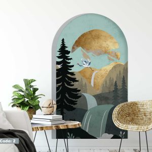 Boho Arches Wall Stickers - Mountain Waterfalls with Crane, Gold Accent for Interior, Bedroom Decor, Multiple Sizes & Colors