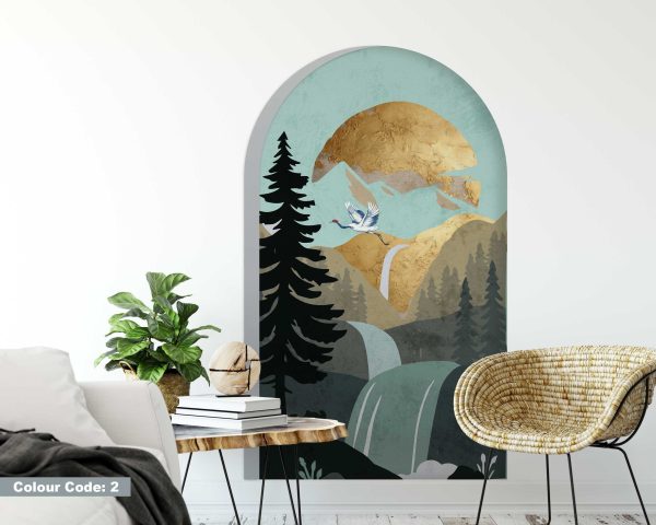 Boho Arches Wall Stickers - Mountain Waterfalls with Crane, Gold Accent for Interior, Bedroom Decor, Multiple Sizes & Colors