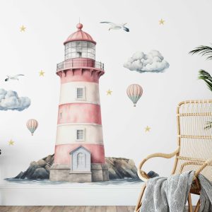Watercolor Lighthouse Wall Art - Nautical Wall Decor with Birds Colorful Clouds - Kids Room, Playroom & Nursery Decor
