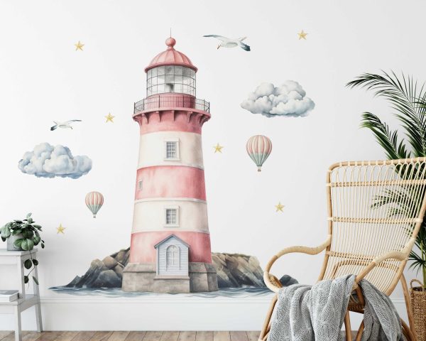 Watercolor Lighthouse Wall Art - Nautical Wall Decor with Birds Colorful Clouds - Kids Room, Playroom & Nursery Decor