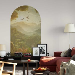 Vintage Nature Landscape Arch Wall Decal, Botanical Removable Wall Sticker, Rustic Home Decor for Living Room Art