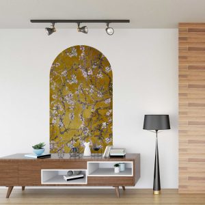 Almond Blossom Arch Wall Decal - Yellow Chinoiserie Themed Fabric Sticker for Elegant Home and Bedroom Decor