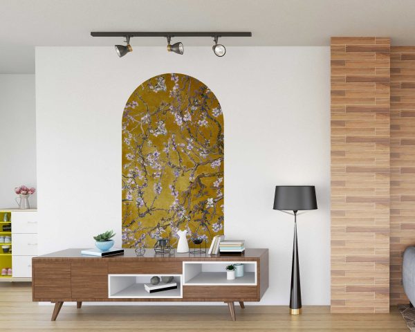 Almond Blossom Arch Wall Decal - Yellow Chinoiserie Themed Fabric Sticker for Elegant Home and Bedroom Decor