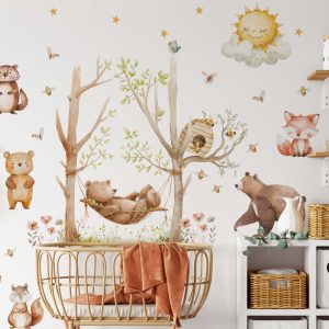 Woodland Animal Wall Sticker - Butterfly & Honey Bee Wall Art with Trees, Clouds Floral Wall Art - Cute Kids Room, Playroom Decor